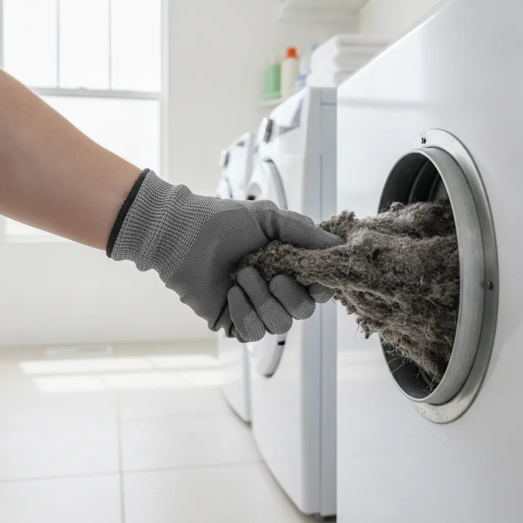 Technician clearing packed lint from a dryer vent line in a Dallas home