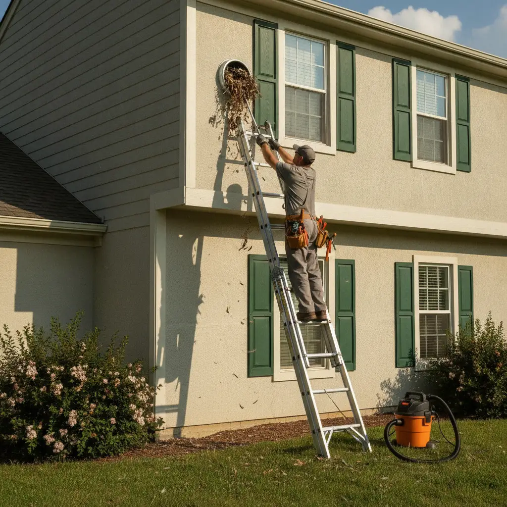 Bird nest and pest blockage removal from an exterior dryer vent in Dallas, TX
