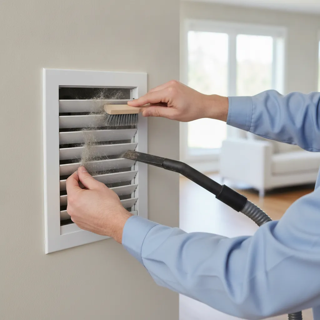 Technician cleaning a return air vent in a Dallas home